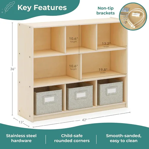 Miniatura 2 de Guidecraft EdQ - Estante de almacenamiento natural con 3 compartimentos de tela: estantería de madera y organizador de juguetes para niños, unidad