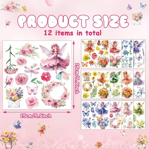 Miniatura 2 de gisgfim 12 hojas de flores de hadas para manualidades y muebles, calcomanías decorativas para primavera y verano, papel de oficina en casa, madera
