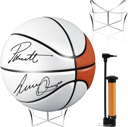 Miniatura 7 de Hiboom Balón de baloncesto con soporte de bola acrílica, panel en blanco para firma, bola oficial para escuela, universidad, entrenador, graduación