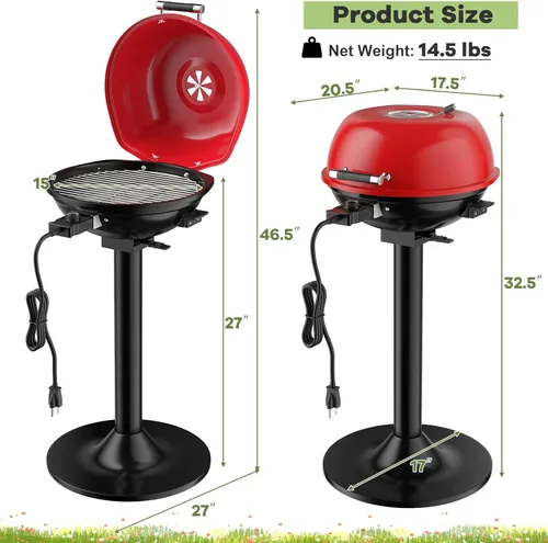 Miniatura 7 de Giantex Parrilla eléctrica para interiores y exteriores, parrilla portátil de 1600 W con rejilla antiadherente extraíble, temperatura ajustable, Rojo