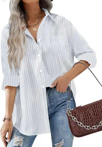 Miniatura 12 de HOTOUCH Camisas de gran tamaño con botones para mujer, blusa de hombro caída para oficina, de manga larga, estilo novio, camisa de vestir