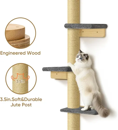 Miniatura 2 de PAWSCRAT Árbol para gatos montado en la pared, torre para gatos de piso a techo de 5 niveles, poste rascador para gatos montado en la pared de 80