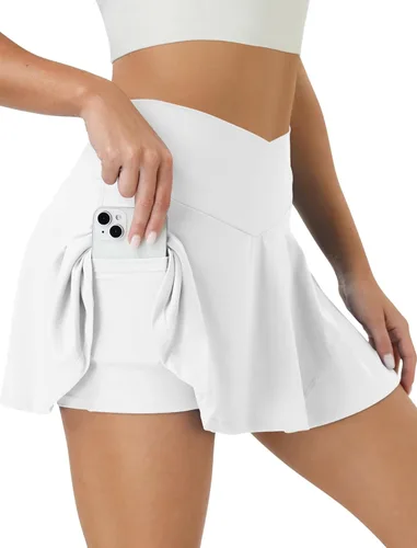 Miniatura 9 de COPYLEAF Falda de tenis para mujer, faldas de golf de cintura alta con bolsillos, pantalones cortos cruzados atléticos plisados