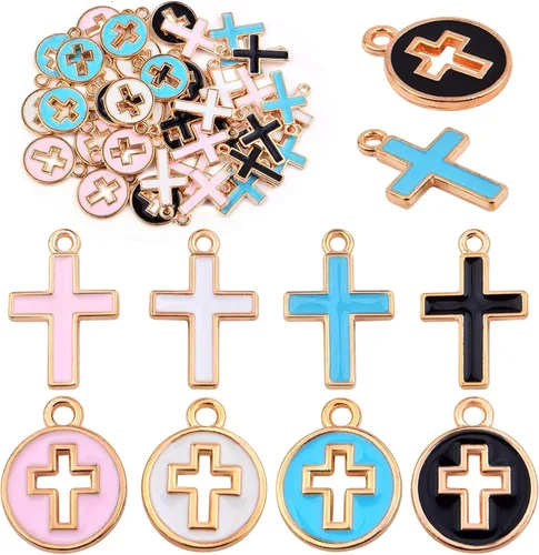 Miniatura 8 de Aylifu 40 dijes redondos de cruz esmaltada de aleación de crucifijo para hacer joyas, pulseras, collares, 4