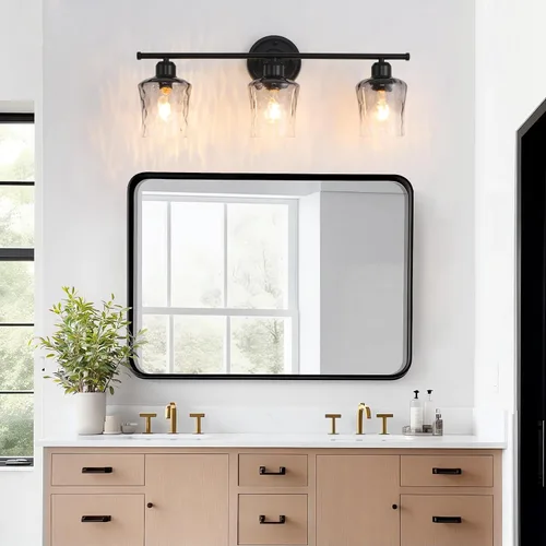 Miniatura 2 de Lámpara de baño de 3 luces, lámpara de tocador negra mate con pantalla de vidrio gris, moderna lámpara de pared de baño E26 para sobre espejo