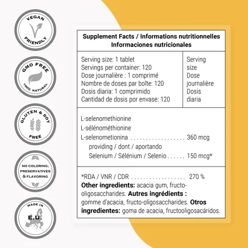 Miniatura 4 de SuperSmart - L-Selenometionina 200mcg por día (suplemento de selenio) - Alta absorción - Oligomineral esencial Sin OMG y sin gluten - 120 tabletas