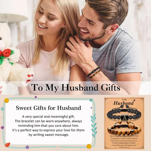Miniatura 2 de MONOZO Regalos para el día del padre regalos para hombres y niños, 0.315 in, ojo de tigre y ágata negra, pulsera inicial con cuentas de piedra