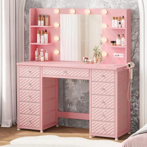 Miniatura 10 de HAUOMS Tocador con luces y espejo, tocador de maquillaje de 11 cajones con tira de alimentación, 6 estantes abiertos, escritorio de tocador de 43.3