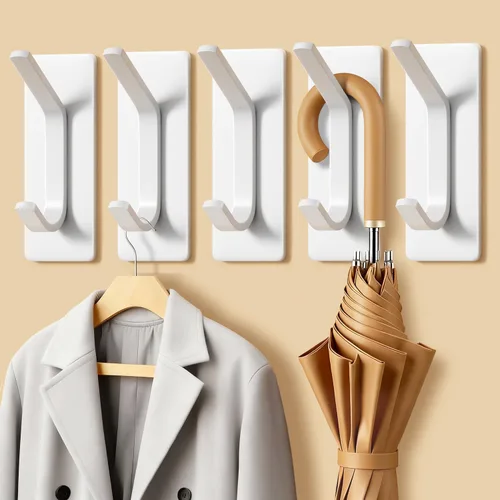 Miniatura 12 de Auxmir Ganchos autoadhesivos resistentes de 15 libras, paquete de 5 ganchos de pared de acero inoxidable para abrigos, toallas, batas, impermeables