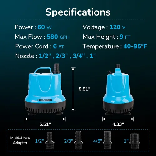 Miniatura 2 de Hexago Bomba sumergible de fuente de agua de 580 GPH, bomba de sumidero pequeña de 60 W con elevación alta de 9 pies, bombas de acuario