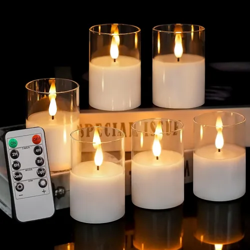 Miniatura 9 de VIODAIM Paquete de 6 velas votivas de cristal parpadeantes sin llama con control remoto, velas votivas de cera real de 2 x 3 pulgadas, funcionan