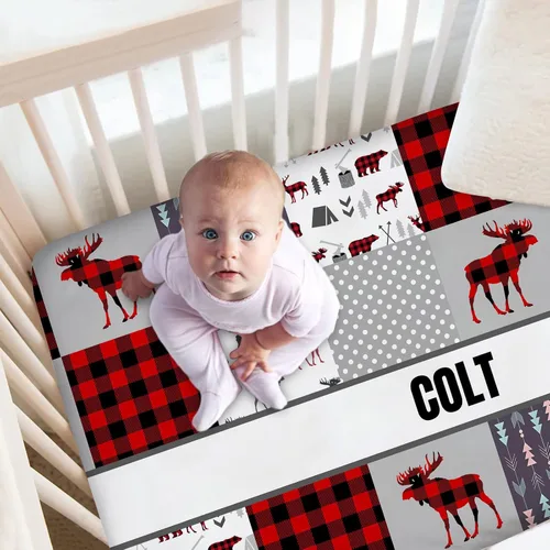 Miniatura 2 de Juego de cama personalizado para cuna para bebé, juego personalizado para niño con nombre, ropa de cama de guardería a cuadros rojos de ciervo