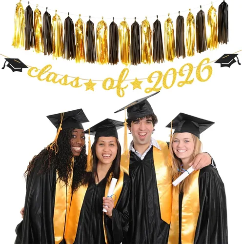 Miniatura 6 de Guirnalda de decoración de fiesta de graduación de oro negro – 36 piezas de pancarta de felicitaciones de graduación 2026, serpentinas colgantes