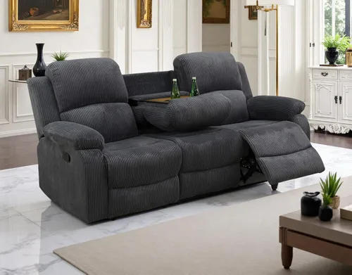 Miniatura 48 de Sofá reclinable manual moderno, sofá reclinable de cuero de 3 plazas, sofá reclinable de sala de estar, sofá con portavasos y mesa abatible