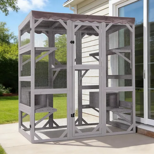 Miniatura 11 de Catio grande de madera para gatos de 70.1 pulgadas, casa para gatos de varios niveles con plataformas, hamaca y poste rascador, panel trasero