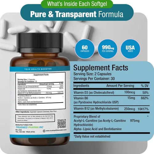 Miniatura 4 de Suplemento para la salud neuropatía neuropatía y nerviosa con vitamina D3, B6, B12, acetil-L-carnitina, ácido alfa lipoico y benfotiamina apoya