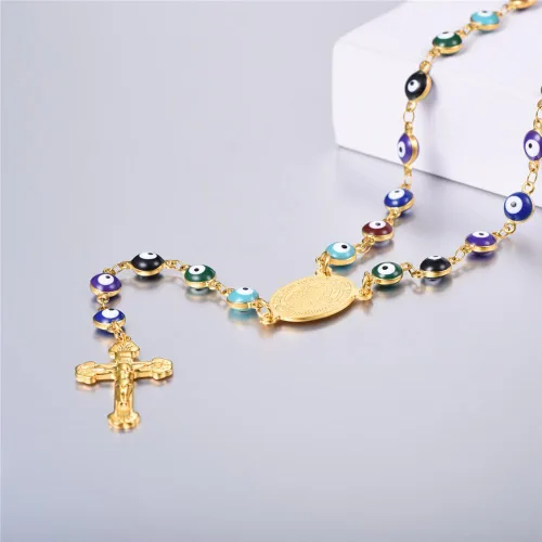 Miniatura 6 de U7 Collar de rosario de acero inoxidable para hombre y mujer, con cruz de ojo malvado