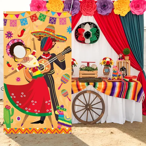 Miniatura 4 de Xqumoi Cartel para puerta de fotos de fiesta, decoración de fiesta, divertido y grande de tela mexicana del Cinco de Mayo, accesorio para fotos