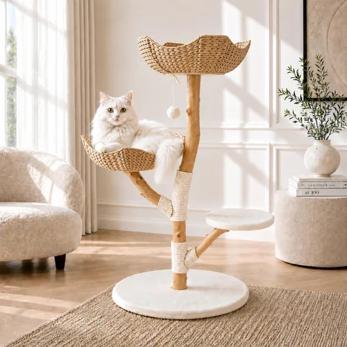 Torre de árbol de gato de madera real moderna, poste para rascar con cama para gatos adultos grandes de interior, torre de escalada de madera