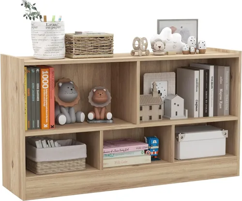 MEDIMALL Organizador de almacenamiento de juguetes para niños de 5 cubos, estante de almacenamiento de madera de 2 niveles para libros y juguetes,