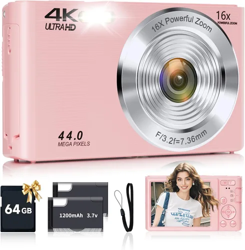 Miniatura 11 de Cámara digital, cámara digital FHD 4K 44MP con enfoque automático con tarjeta SD de 64GB, zoom digital 16X, cámaras doradas para fotografía, cámara