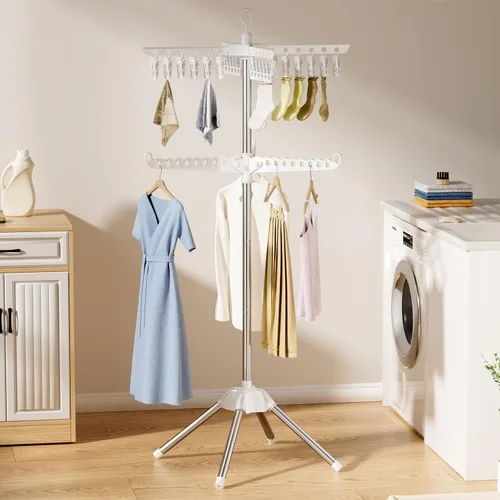 Miniatura 6 de Abiglifty Estante de secado de ropa giratorio y plegable, ahorro de espacio, para secar ropa en interiores, balcón, 2 capas