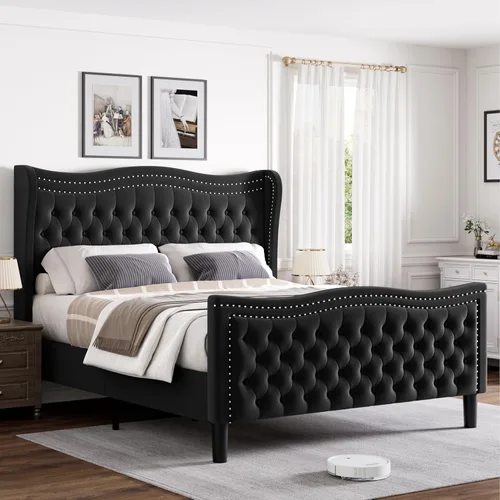 Miniatura 12 de Marco de Cama Queen con Cabecero y Piecero Altos, Marco de Cama Plataforma Tapizada en Terciopelo con Respaldo Acolchado con Botones Profundos Tipo