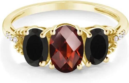 Miniatura 2 de Gem Stone King Anillo de compromiso ovalado de oro amarillo de 10 quilates con granate rojo y ónix negro y diamantes para mujer