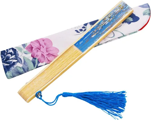 Miniatura 6 de Abanico plegable de bolsillo de Amajiji, hecho a mano, de seda, de 8.27′, elegante y moderno Azul