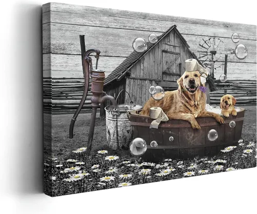 Miniatura 23 de Kasluolo Divertido arte de pared de perro Beagle para decoración de baño, lindo beagle sentado en la bañera, lienzo impreso pintura de animales