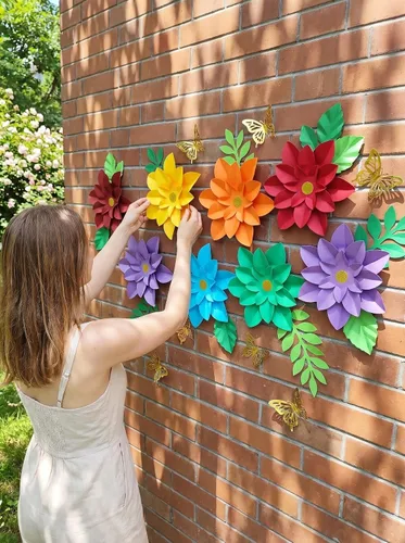 Miniatura 4 de Juego de 7 flores de papel arcoíris para pared de 10 pulgadas, decoración de telón de fondo para fiesta temática de arcoíris, fiesta de cumpleaños