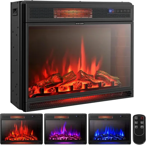 Tangkula Chimenea eléctrica empotrada de 28 pulgadas, calentador de chimenea de 900/1350 W con temperatura ajustable, función de temporizador, 3