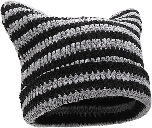 XYIYI Gorros de ganchillo para mujer, gorro de punto con orejas de gato, gorro vintage, accesorios estilo grunge, gorros holgados para mujer