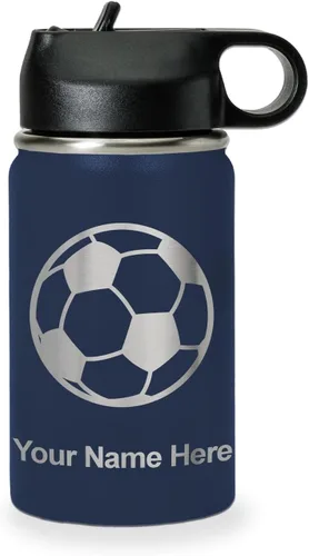 Miniatura 19 de LaserGram Botella de agua personalizada, pelota de fútbol, acero inoxidable de doble pared aislada al vacío con popote superior, regalo grabado