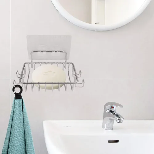 Miniatura 6 de Jabonera para ducha con 4 ganchos, paquete de 2 jaboneras de acero inoxidable para baño, soporte adhesivo para jabón para pared de ducha, plateado