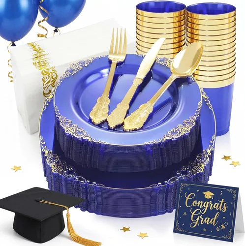 Miniatura 15 de Nervure 175 piezas de vajilla de plástico azul - Juego de vajilla de plástico azul dorado desechable incluye 50 platos para cena y postre, 25 Azul