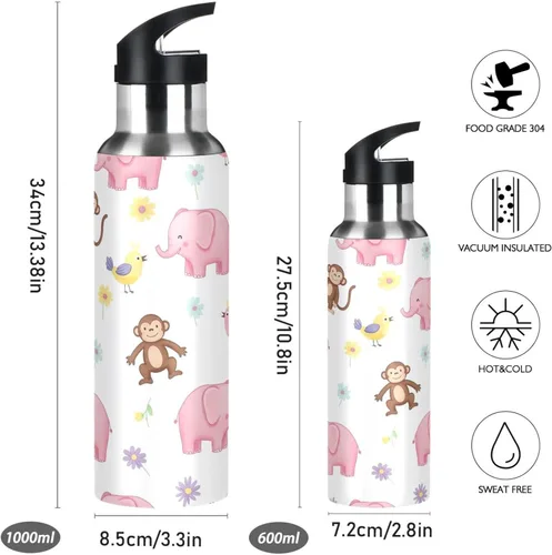 Miniatura 2 de BPA-Free Sports Water Bottle with Straw 20 Oz, Stainless Steel Vacuum Insulated Water Bottle for Gym Outdoor Travel School, Cute Elephants