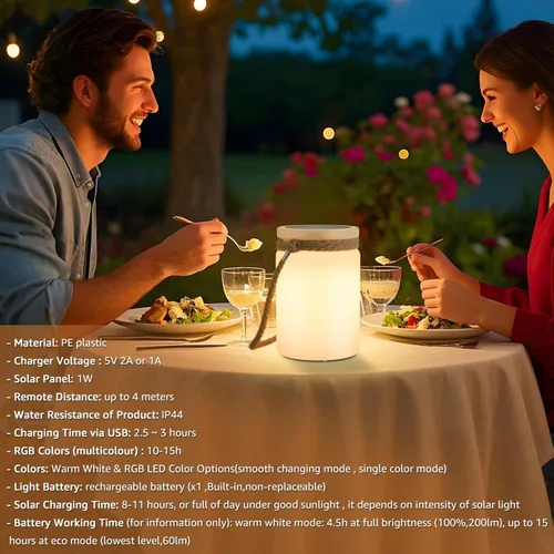 Miniatura 5 de uuffoo Lámpara de Mesa Solar Linterna LED para Exteriores Inalámbrica IP44 RGB y Blanco Cálido Regulable para Patio Camping Restaurante Terraza