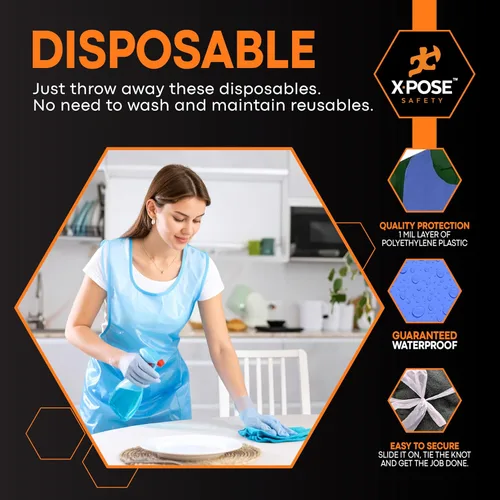 Miniatura 4 de Xpose Safety 100 delantales desechables de plástico azul para cocinar y más empaquetados individualmente, duraderos de 1 mil, polietileno