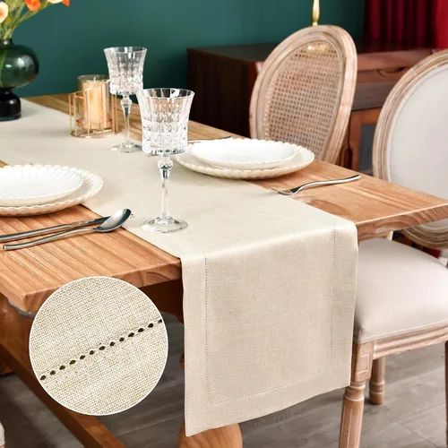 NEWISHER Camino de mesa rústico de lino sintético con borde de vainica, decoración de mesa rectangular beige sólido para comedor, mesa auxiliar,
