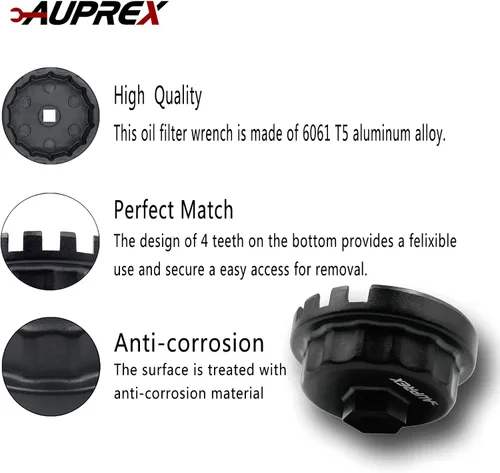 Miniatura 3 de AUPREX Llave de filtro de aceite de aluminio para Toyota Camry, Lexus, Tundra, 4Runner, Highlander, RAV4 y más, 64mm 14 estrías, negro