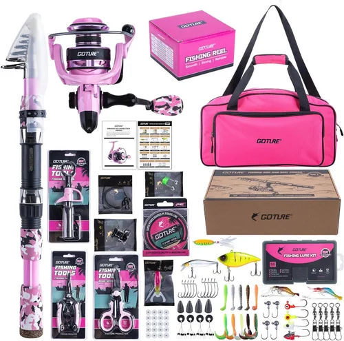Miniatura 16 de Goture Combo de caña de pescar y carrete rosa - Carrete giratorio ML Action con bolsa rosa - Kit de caña telescópica para principiantes, viajes