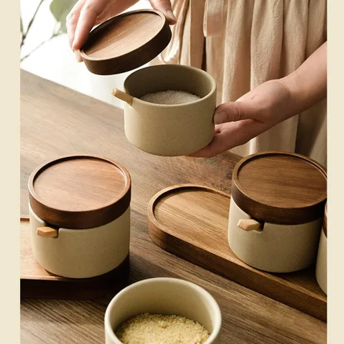 Miniatura 5 de Tarros de especias Tarro de condimentos de cerámica áspera de estilo japonés chino retro cocina tarro de condimentos de cerámica tarro de sal caja