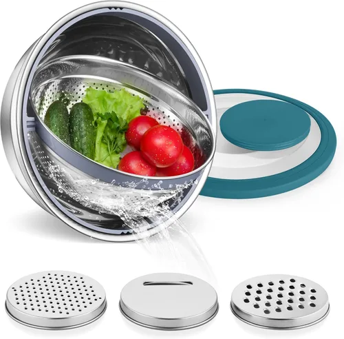 Miniatura 9 de E-far Colador con Juego de Tazón Mezclador, Coladores de Acero Inoxidable 4 en 1 con Ralladores para Cocina, Tazón Colador de Alimentos Giratorio