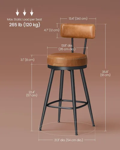 Miniatura 2 de VASAGLE EKHO Collection - Juego de 2 taburetes de bar, taburetes de bar giratorios de altura de mostrador con respaldo, cuero sintético