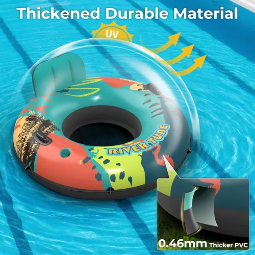 Miniatura 3 de Flotador de tubo de río resistente de 53 pulgadas para adultos, flotador inflable para piscina, lago y playa con portavasos incorporados, respaldo