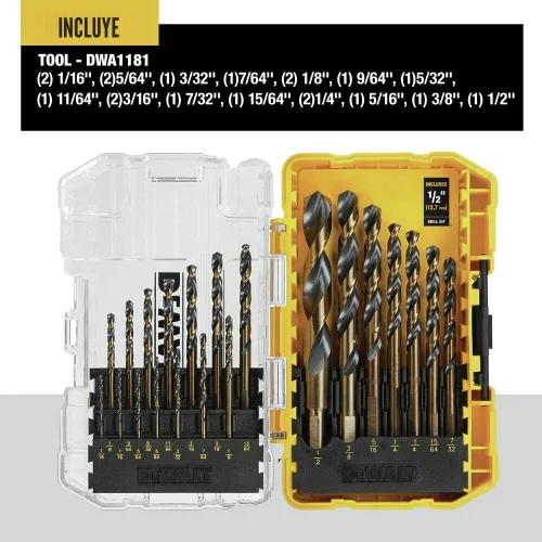 Miniatura 2 de DEWALT Juego de brocas, 21 brocas DEWALT de acero de alta velocidad, revestimiento de óxido negro y dorado, punto dividido de 135 grados, hélice