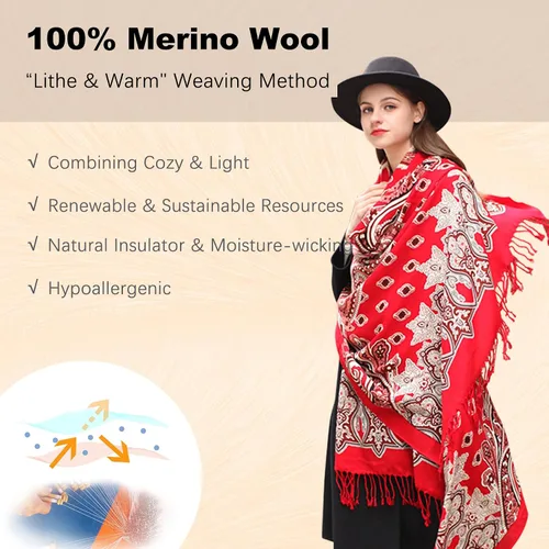 Miniatura 64 de DANA XU Manta de pashmina extragrande 100% de lana merina, bufanda de viaje, bufanda de cachemira para mujer, otoño e invierno, chal de gran