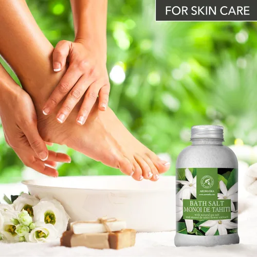 Miniatura 7 de AROMATIKA - Sal de baño Monoi de Tahiti 21.16 oz (600 g) – Aroma de flores de coco y gardenia – Baño relajante – Buen sueño – Aromaterapia – Baño