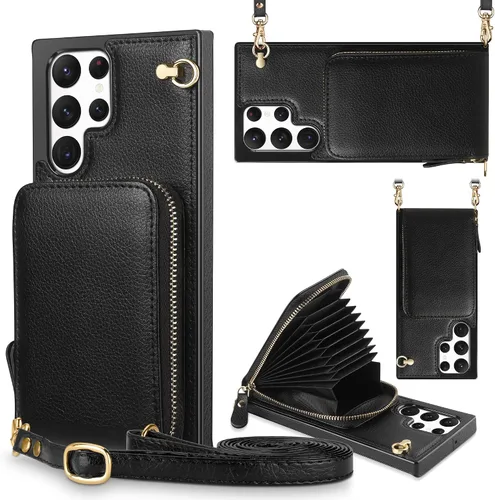 JAKPAK Funda tipo cartera para Samsung Galaxy S22 Ultra con tarjetero y cordón cruzado y bolsillo con cremallera, funda protectora de cuero a prueba